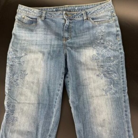 Jennifer Lopez Mid Rise Crop Boyfriend Jeans Size 12 Blue Embroidered Stretch Fl - Picture 9 of 11